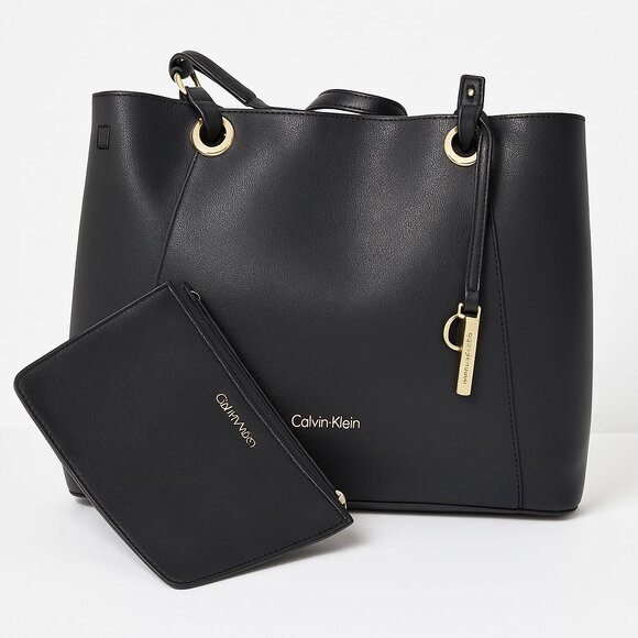 Calvin Klein Black Leather Tote with Gold Hardware + Matching Pouch - Picture 1 of 13